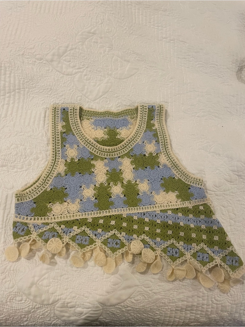 Handmade Crochet Tank Top in Green, Blue & Cream